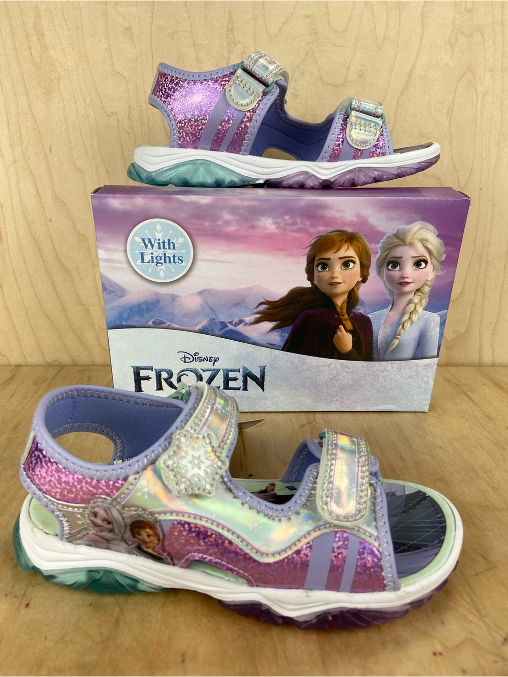 Disney Frozen Girls' Iridescent Purple Glitter Light-Up Sandals Size 12